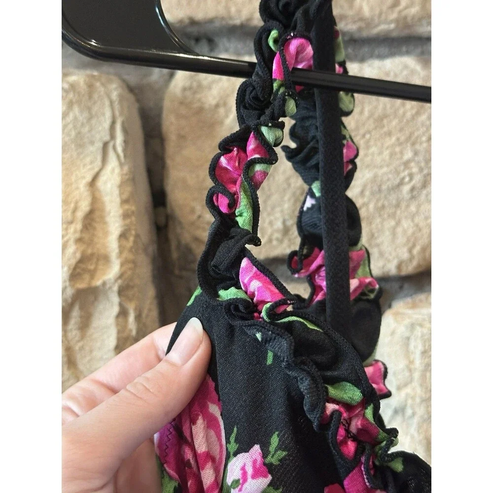 Y2K Smart & Sexy Lingerie Black/Pink Rose Babydoll Slip Dress Ruffle Bow Sheer L